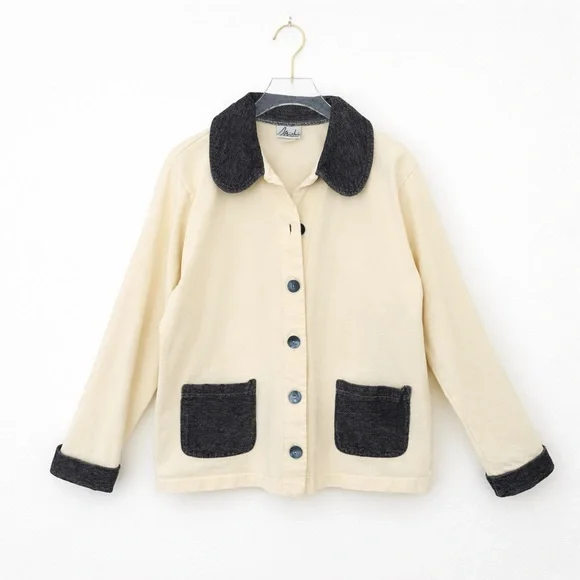 Minimalist French Girl Barn Jacket Coat Feminine Black Cream Size Small - Picture 3 of 11